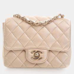 Pre Owned Chanel Gold Mini Square Classic Lambskin Single Flap