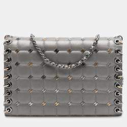 Pre Owned Chanel Small Grey Lambskin Chocolate Bar CC Piercing Studded Chain Flap