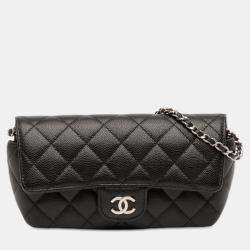 Pre Owned Chanel Black Quilted Caviar Sunglasses Case with Chain
