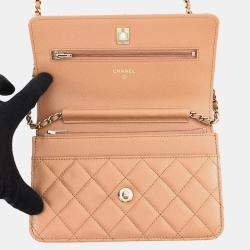 Pre Owned محفظة بسلسلة شانيل جلد كافيار بني كلاسيكي