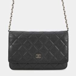 Pre Owned Chanel Matelasse Chain Wallet Black Caviar Leather