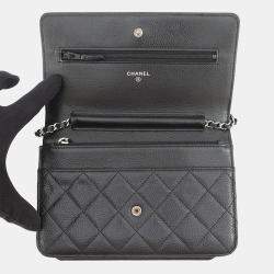 Pre Owned Chanel Matelasse Chain Wallet Black Caviar Leather
