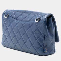 Pre Owned Chanel Blue Large Quilted Goatskin Double Carry Waist Chain Flap