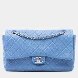Pre Owned حقيبة شانيل رفرف سلسلة مقصورتين مزدوجة جلد حبيبي مبطن كبير أزرق