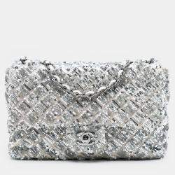 مملوكة مسبقًا Chanel Silver Medium Satin Seasonal Sequin Flap