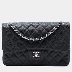 مملوكة مسبقًا حقيبة شانيل جامبو كلاسيك كافيار سوداء بفلايت مزدوجة