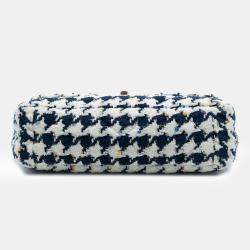 Pre Owned Chanel Blue, White Large Houndstooth Tweed 19 Flap