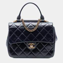 Pre Owned Chanel Blue Medium Quilted Glazed Calfskin Gold Bar Top Handle Flap