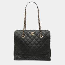 Pre Owned Chanel Black CC Quilted Iridescent Calfskin Happy Stitch Tote