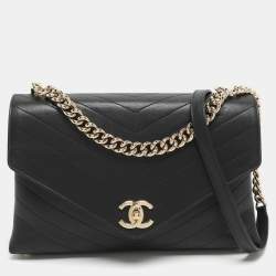 Pre Owned Chanel Coco Envelope Black Chevron Leather Flap Bag