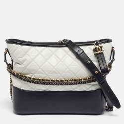 Pre Owned Chanel Gabrielle Medium White/Black Quilted Aged Leather Hobo