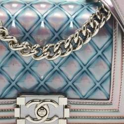 Pre Owned Chanel Boy Small Purple Iridescent Quilted Patent Leather and PVC Flap Bag
