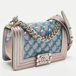 Pre Owned Chanel Boy Small Purple Iridescent Quilted Patent Leather and PVC Flap Bag