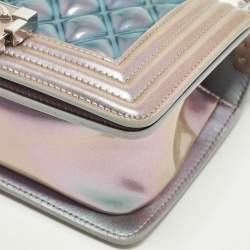 Pre Owned Chanel Boy Small Purple Iridescent Quilted Patent Leather and PVC Flap Bag