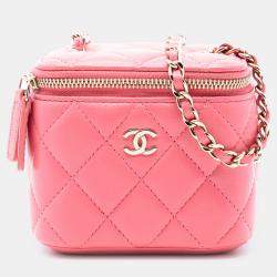 Pre Owned Chanel Pink Mini Quilted Lambskin Top Handle Vanity Case With Chain