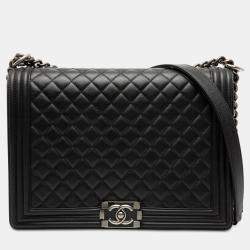 Pre Owned Chanel Black Large Quilted Lambskin Boy Flap