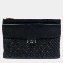 Pre Owned Chanel Black Large Quilted Grained Calfskin Archi Chic Cosmetic Case