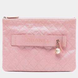 Pre Owned Chanel Pink Large Quilted Iridescent Caviar Night by the C O Case Clutch