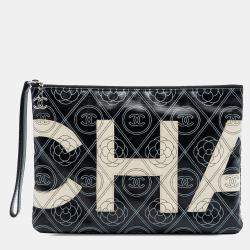 Pre Owned Chanel Black Coated Canvas Camellia Logo Wristlet Clutch