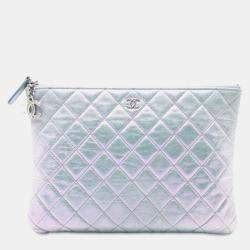 Pre Owned Chanel Silver Medium Quilted Metallic Aged Calfskin O Case Clutch