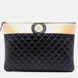 Pre Owned Chanel Black Gold Large CC Bicolor Quilted Lambskin Clutch
