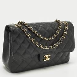 Pre Owned Chanel Classic Double Flap Jumbo Black Quilted Caviar Leather Bag