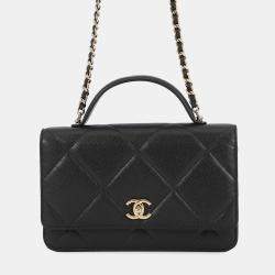 Pre Owned Chanel Matelasse Chain Wallet Black Caviar Leather