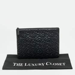 مملوكة مسبقًا Chanel Camelia Crystals Black Embossed Leather Zip Clutch