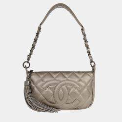 Pre Owned Chanel Silver Calfskin Fringe Handbag