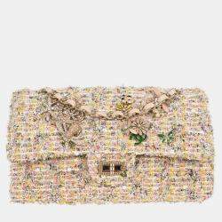 Pre Owned Chanel Light Pink Tweed 2.55 Medium Classic Double Flap Shoulder Bag