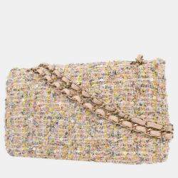 Pre Owned حقيبة كتف كلاسيكية مزدوجة قلاب متوسطة شنيل تويد زهري فاتح 2.55