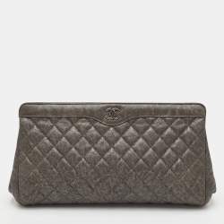 Pre Owned Chanel In Story Grey Quilted Caviar Leather Clutch