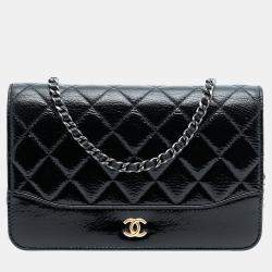 Pre Owned Chanel Black CC Quilted Patent Aged Calfskin Gabrielle Wallet On Chain