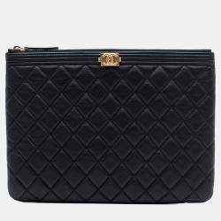 Pre Owned Chanel Black Medium Quilted Caviar Boy O Case Clutch