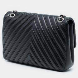 Pre Owned Chanel Black Jumbo Classic Chevron Lambskin Double Stitch Single Flap