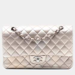 Pre Owned Chanel Gold Medium Classic Metallic Lambskin Double Flap