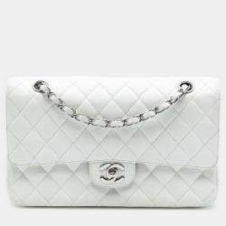 Pre Owned Chanel White Medium Classic Caviar Double Flap