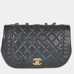 Pre Owned Chanel Black Quilted Lambskin CC Braided Saddle Flap Bag