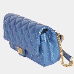 Pre Owned Chanel Blue Metallic Aged Quilted Calfskin 2.55 Reissue Flap Belt Bag