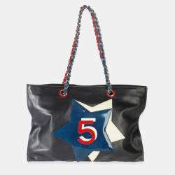 Pre Owned Chanel Vintage Black Red Lambskin No. 5 Star Chain Tote Bag