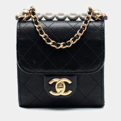 Pre Owned Chanel Black Mini Goatskin Chic Pearls Clutch On Chain