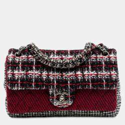 Pre Owned Chanel Red Medium CC Tweed Multi Print Double Flap