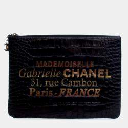 Pre Owned Chanel Black Medium Croc Embossed Calfskin Mademoiselle Gabrielle Signature Pouch