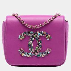 Pre Owned Chanel Purple Mini Lambskin Giant Crystal CC Flap