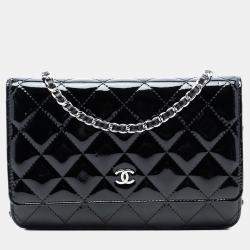 Pre Owned Chanel Black CC Quilted Patent Wallet On Chain