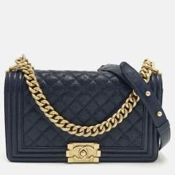 Pre Owned Chanel Boy Medium Dark Blue Quilted Caviar Leather Flap Bag