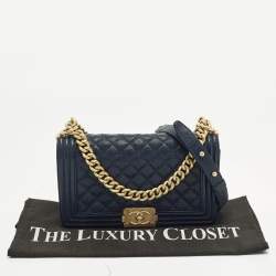 Pre Owned Chanel Boy Medium Dark Blue Quilted Caviar Leather Flap Bag
