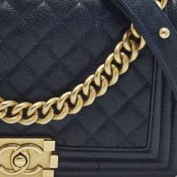 Pre Owned Chanel Boy Medium Dark Blue Quilted Caviar Leather Flap Bag