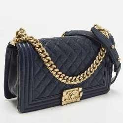 Pre Owned Chanel Boy Medium Dark Blue Quilted Caviar Leather Flap Bag
