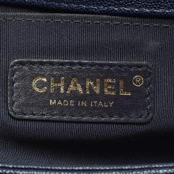 Pre Owned Chanel Boy Medium Dark Blue Quilted Caviar Leather Flap Bag